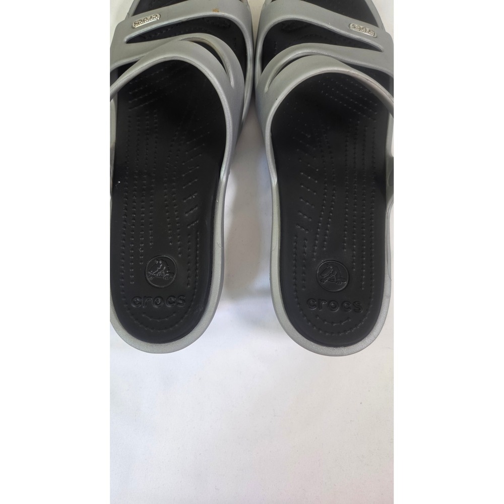 Crocs Patricia Silver Black Wedge Sandals Womens 11 Strappy Slide Comfort Shoes - Picture 4 of 5
